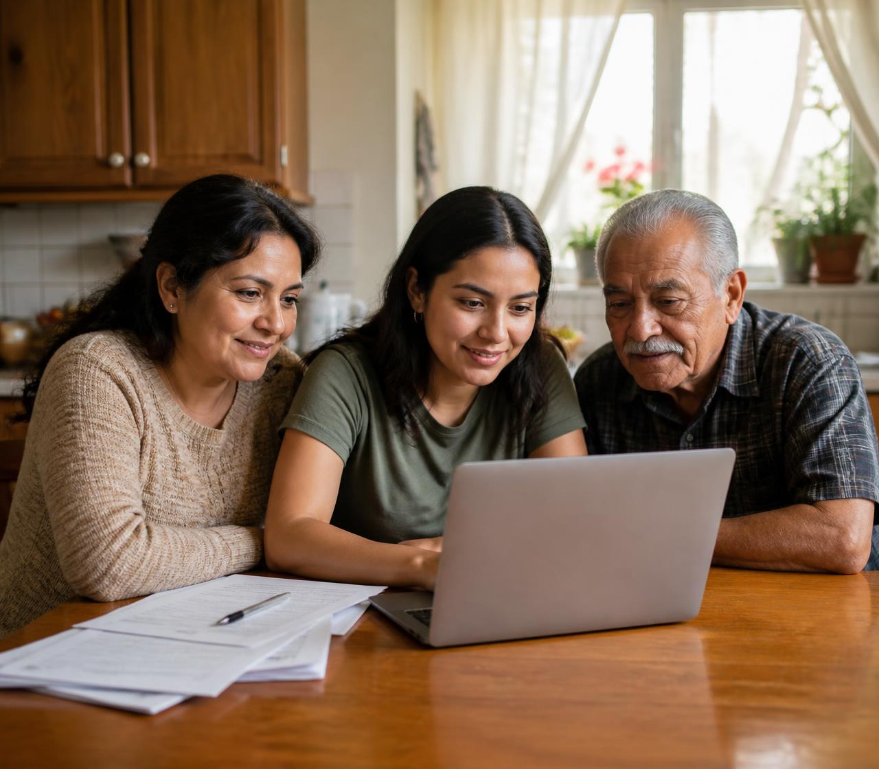 A family sitting together at their kitchen table, calmly reviewing their immigration paperwork on a laptop.